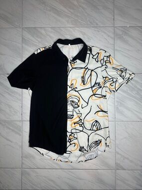 Golf shirt Men's Half-Print Short Sleeve Shirt - Black & Cream Abstract